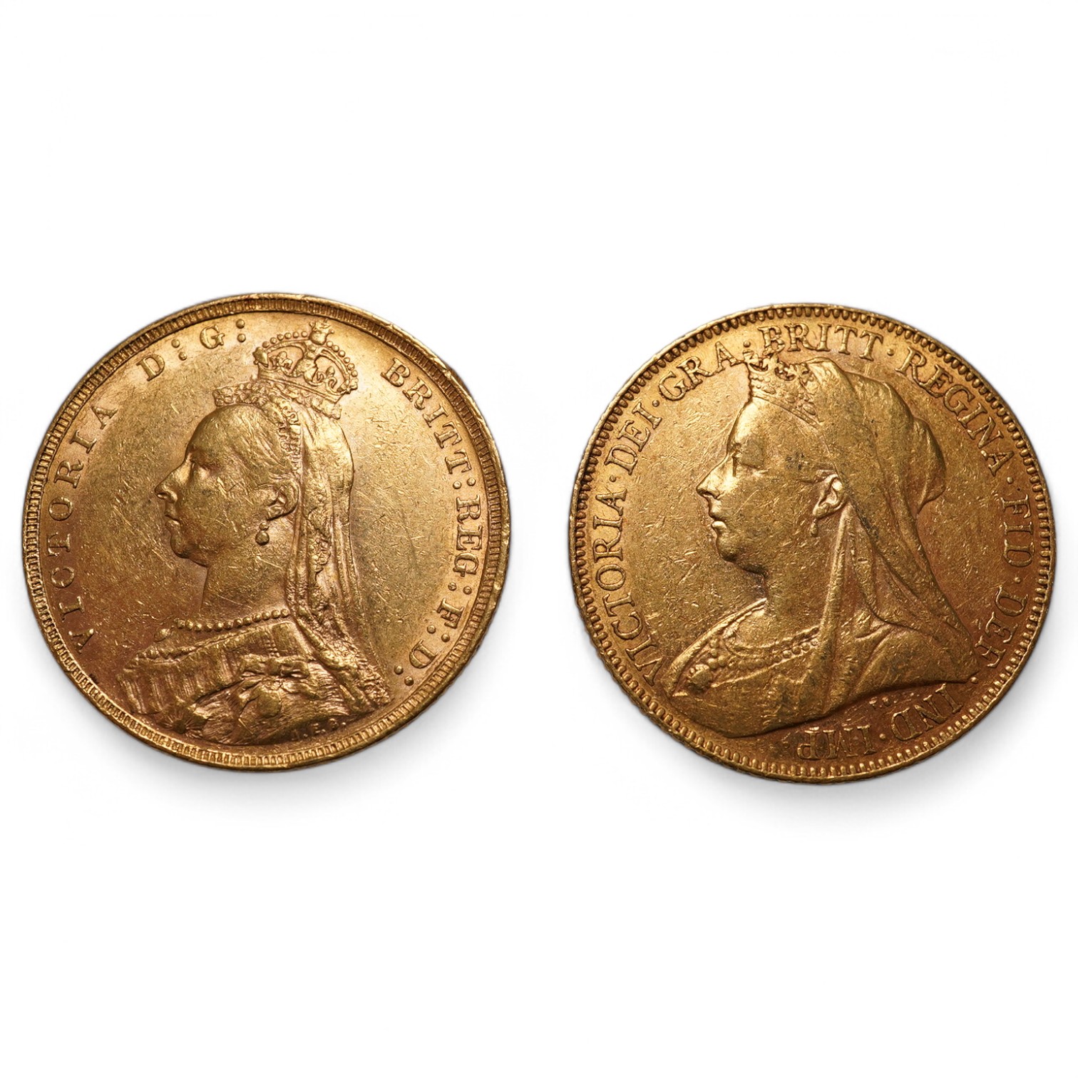 British gold coins, Victoria, two gold sovereigns, 1890, jubilee head, demounted otherwise good VF, and 1900, veiled head, good VF